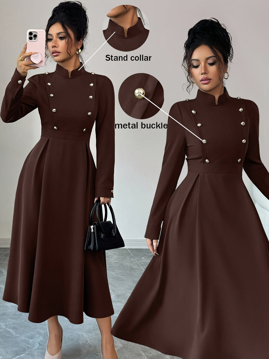 Women's Spring and Autumn Elegant Commuter Fashion Double-Breasted Decorative Long Sleeve Waist-Cinching Long Dress - Dark Coffee Color