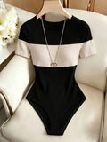 Autumn/Winter Women's Thin Round Neck Short Sleeve Simple Slightly Sheer Color-Block Slim-Fit Sexy Bodysuit, Casual Fashion Versatile Commuting Base Layer Top - Black
