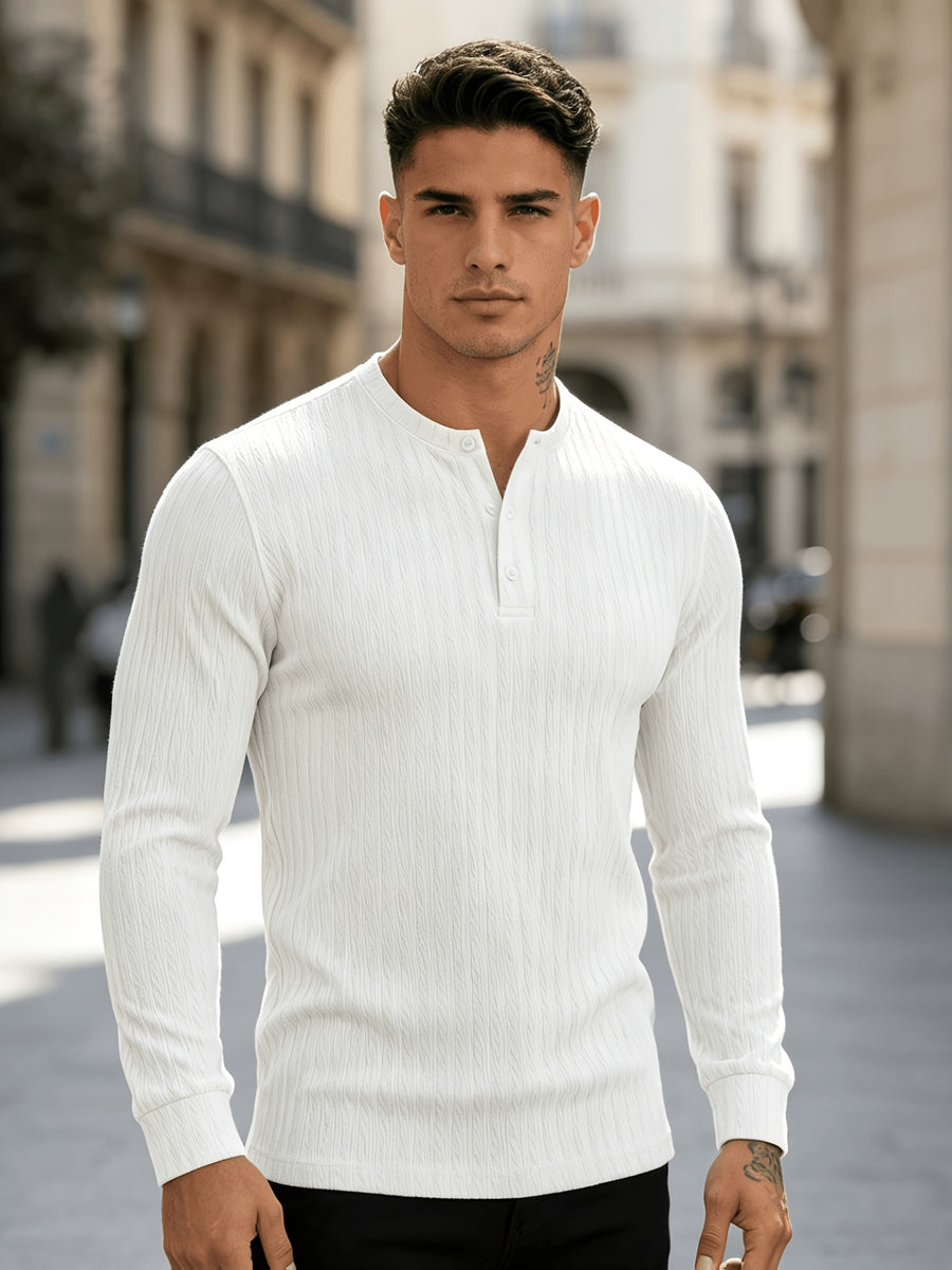 American-style Heavyweight Men's Knit Vintage Stretch Textured Pattern Casual Loose Fit Versatile Commuter Long-Sleeve Henley Shirt - White