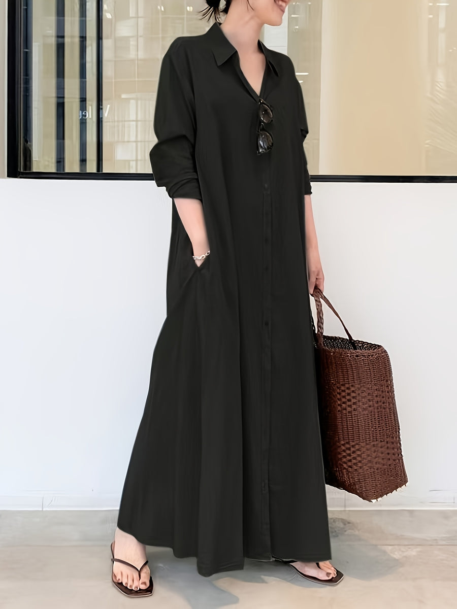 In Stock European And American New Solid Color Lapel Long Sleeve Pocket Easy Loose Casual Long Dress 1pc - Black