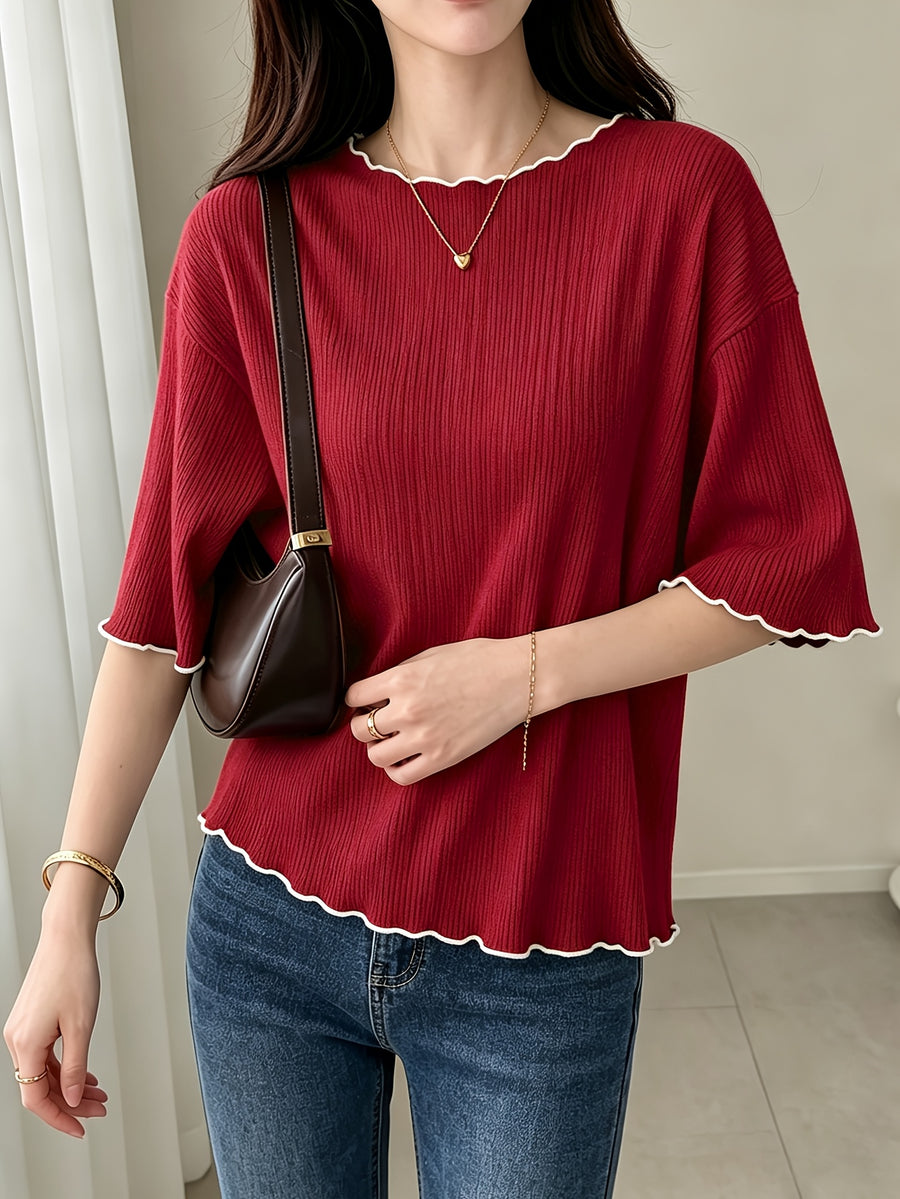 Women's French Ruffle Top - Spring Summer Stretchy High-Elasticity Ruffle Trim Shirt, Solid Color Non-Sheer Machine Washable Suitable for Daily Commute, Office & Casual Wear, French Style Wardrobe Essential - Burgundy
