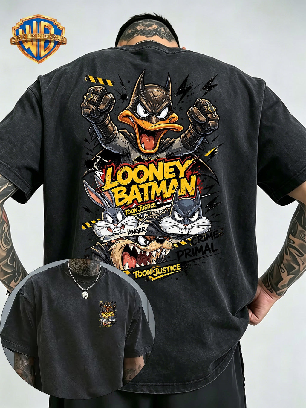Men's Washed Short-Sleeve T-Shirt Featuring a Cartoon-style Batman-themed Duck on the Back, Paired with Lightning and Graffiti Elements to Convey a Sense of Dynamism and Power. A Small Graphic on the Chest Echoes the Theme, Blending Classic Animated - Black