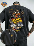 Men's Washed Short-Sleeve T-Shirt Featuring a Cartoon-style Batman-themed Duck on the Back, Paired with Lightning and Graffiti Elements to Convey a Sense of Dynamism and Power. A Small Graphic on the Chest Echoes the Theme, Blending Classic Animated - Black