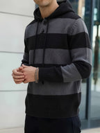 Men's Striped Hooded Knitwear Spring/Autumn Henley Collar Button Drawstring Pullover Sweater Casual Long Sleeve Color Block Top - Dark Grey And Black