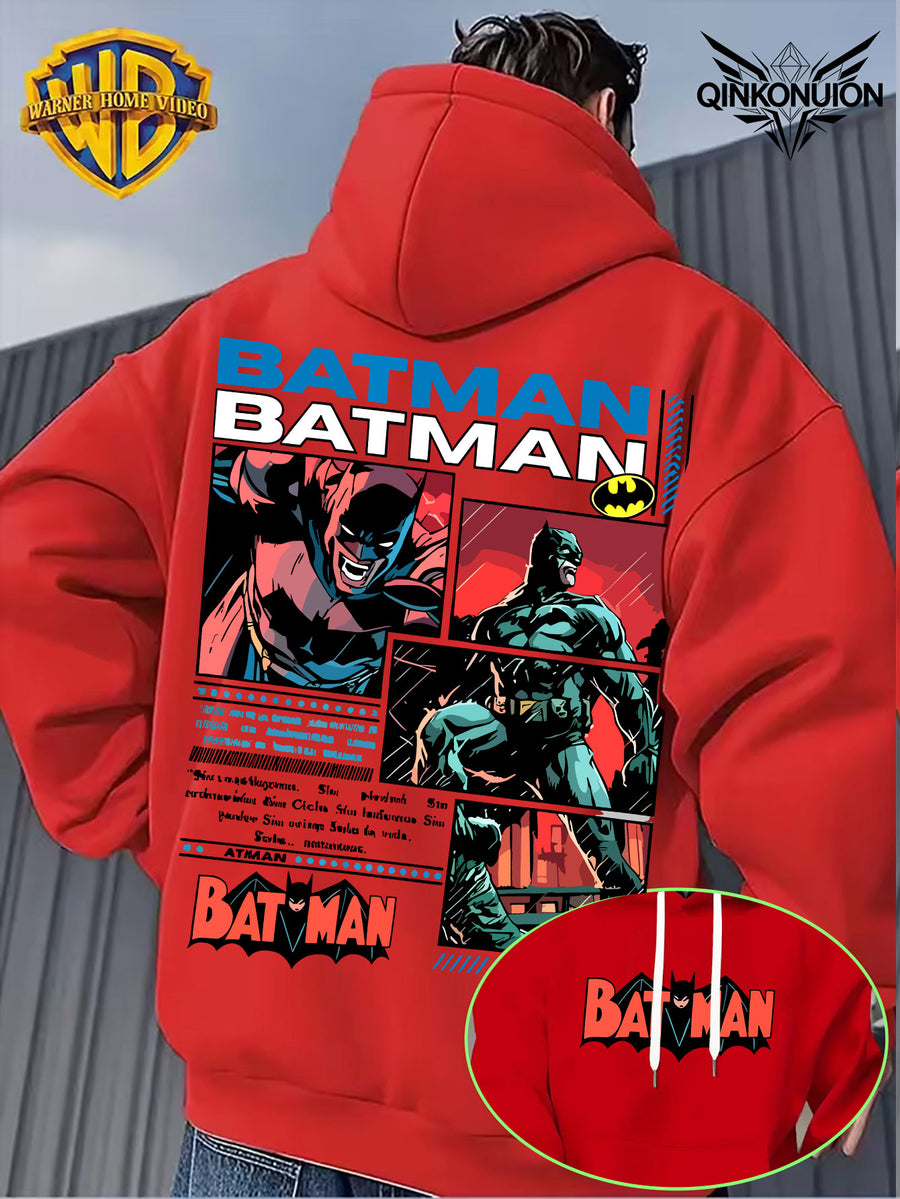 Warner Official Men'S Retro Comic Style Batman Hot-Blooded Trendy Printed Drawstring Hoodie, Warm And Machine Washable for Autumn And Winter, Multifunctional Street Sports And Leisure Loose Edition - Red