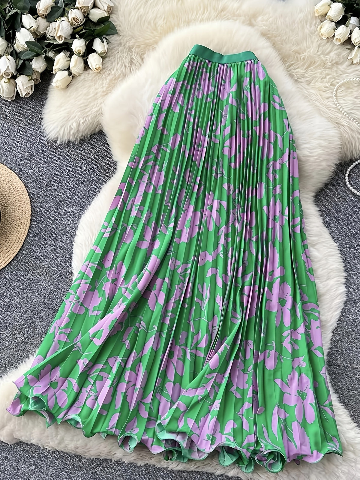 French Temperament Printed High-Waisted A-Line Pleated Vacation Style Half-Skirt - Green