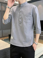 Vintage Henley Collar Half-Button Short Sleeve Shirt with Open Front Design, Side Pocket Detail, Suitable for Daily Commute, Outings, And Casual Business Wear, Easy Solid Color Pullover Casual Shirt. Thin Breathable Casual 3/4 Sleeve Top - Grey