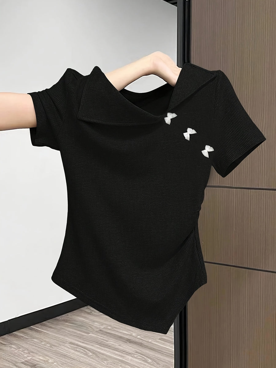 Women's Elegant Casual Asymmetrical Bow Detail T-Shirt - Soft Round Neck Top, Machine Washable All-Season Versatile Shirt for Casual Attire - Black