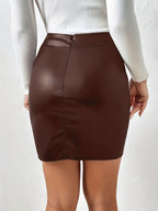 Elegant Direction TU016# High-Waist Fashion Slit Faux Leather Short Skirt Autumn Winter - Dark Brown