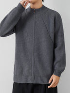 [Wading Whale OBM] 1pc Autumn Winter New Men'S Knit Cardigan, Old Money Style Textured Solid Color Round Neck Zipper Front Long Sleeve Sweater Vest Top, Men'S Casual Fashion, Suitable for Autumn And Winter Wear, Fits Daily Commute, Office Casual - Dark Gray