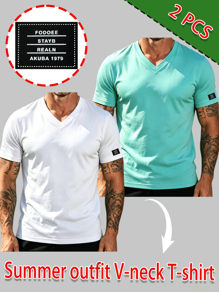 100% Cotton 2pcs Men's Basic V-Neck Pure Cotton Solid Color Short Sleeve T-Shirt, Soft and Skin-Friendly, Versatile Top for Fitness, Casual, and Daily Wear - White+Teal