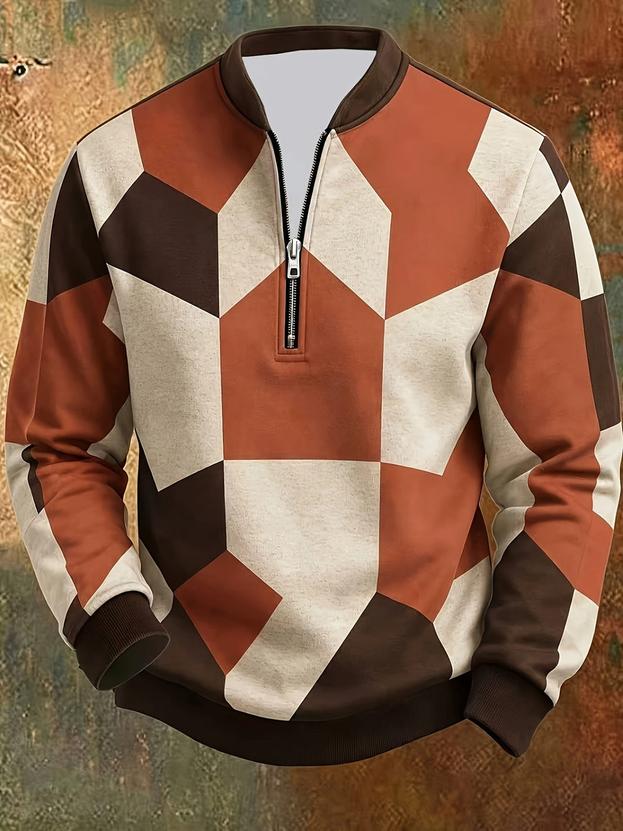[Print Design - Not Textured] Men'S Retro Geometric Color-Block Digital Print Half-Zip Stand Collar Sweatshirt, Spring/Autumn Loose Casual Top, Daily Commute Outdoor Wear - Mixed Color 10