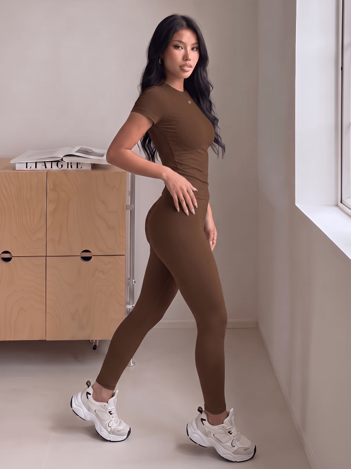 Round Neck Short Sleeve High-Waist Butt-Lifting Pants Set, Stretchy Nude-Feel Skin-Friendly 2pcs Set, Quick-Drying Breathable Wear, Tummy Control Peach Butt Training Outfit, Versatile Wearable Outer Casual Swear. 4-Way Stretch with Zero Restriction - Coffee Color