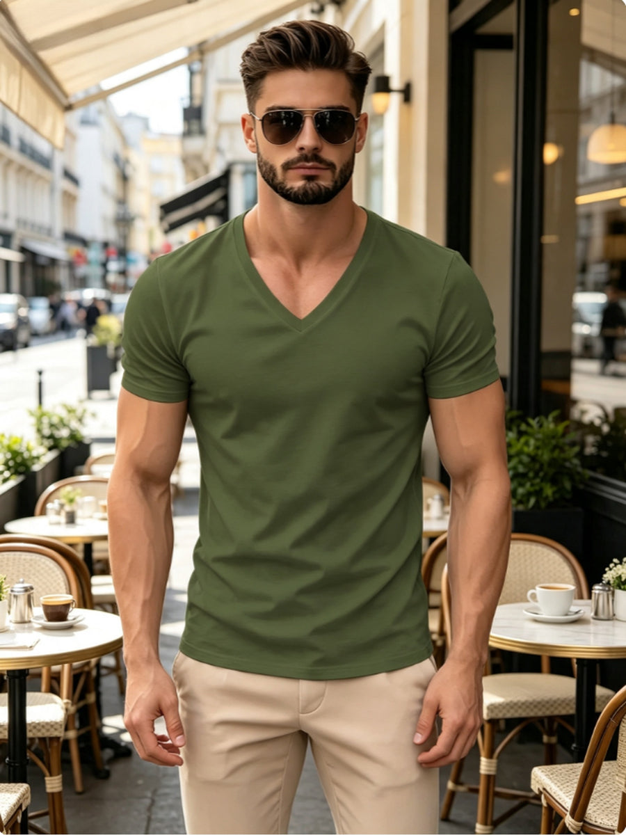 Printed Design - Non-Textured/2D Printing Men's Simple V-Neck Short-Sleeve T-Shirt, Daily Casual Fitness Solid Color Basic Top, Suitable for Casual Outdoor Daily Wear - Mixed colors