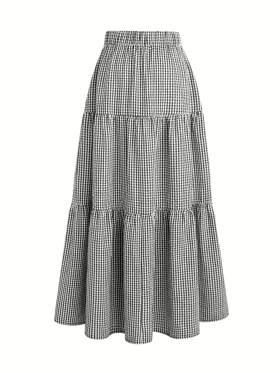 The Women'S Skirt Features a Minimalist Design, Suitable for Various Everyday Occasions, Embodying a Vintage French Style. It Has a High-Waisted Silhouette with an Elastic Waistband, Exuding Elegance And Sweetness. Perfect for Spring And Autumn - Black And White