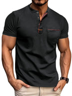 Fashion Men's Summer Short-sleeve T-shirt, Casual Round-neck Henley Shirt with Pocket - Black