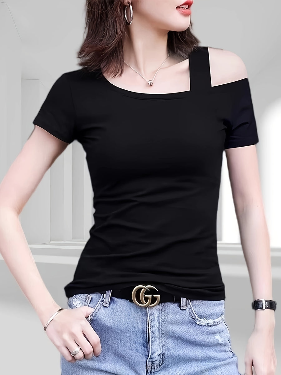 Black Short Sleeve T-Shirt Women's One-Shoulder Top Designer Women's Niche 2026 Summer New Off-Shoulder Strap Fashion Instagram Slim-Fit Short Sleeve Top for Women - Black