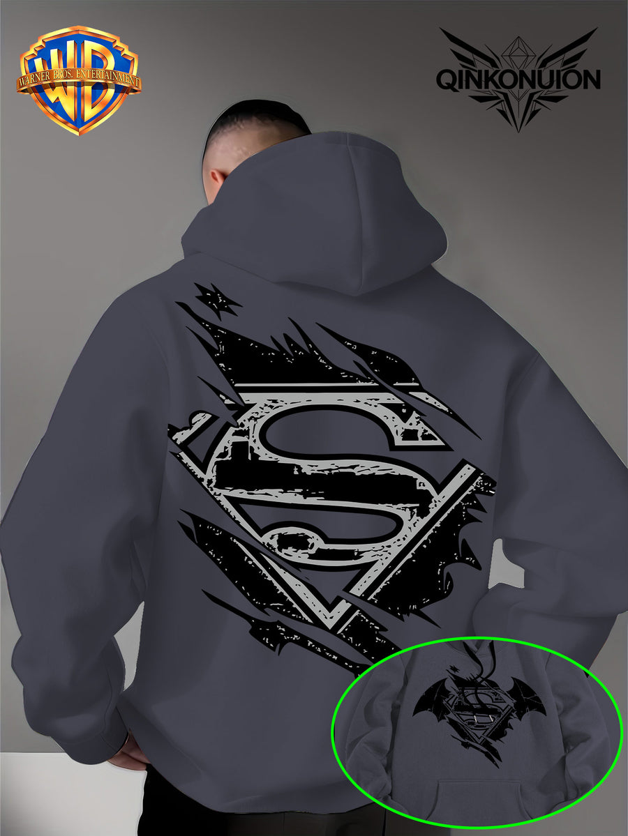 Warner Official Men's Hooded Sweatshirt, Black and White Distressed Batman Symbol Torn Wind Print Design, Machine Washable, Cozy and Comfortable Daily Drawstring Hooded Sweatshirt for Autumn and Winter, Versatile Sporty Casual Loose Fit - Dark Gray