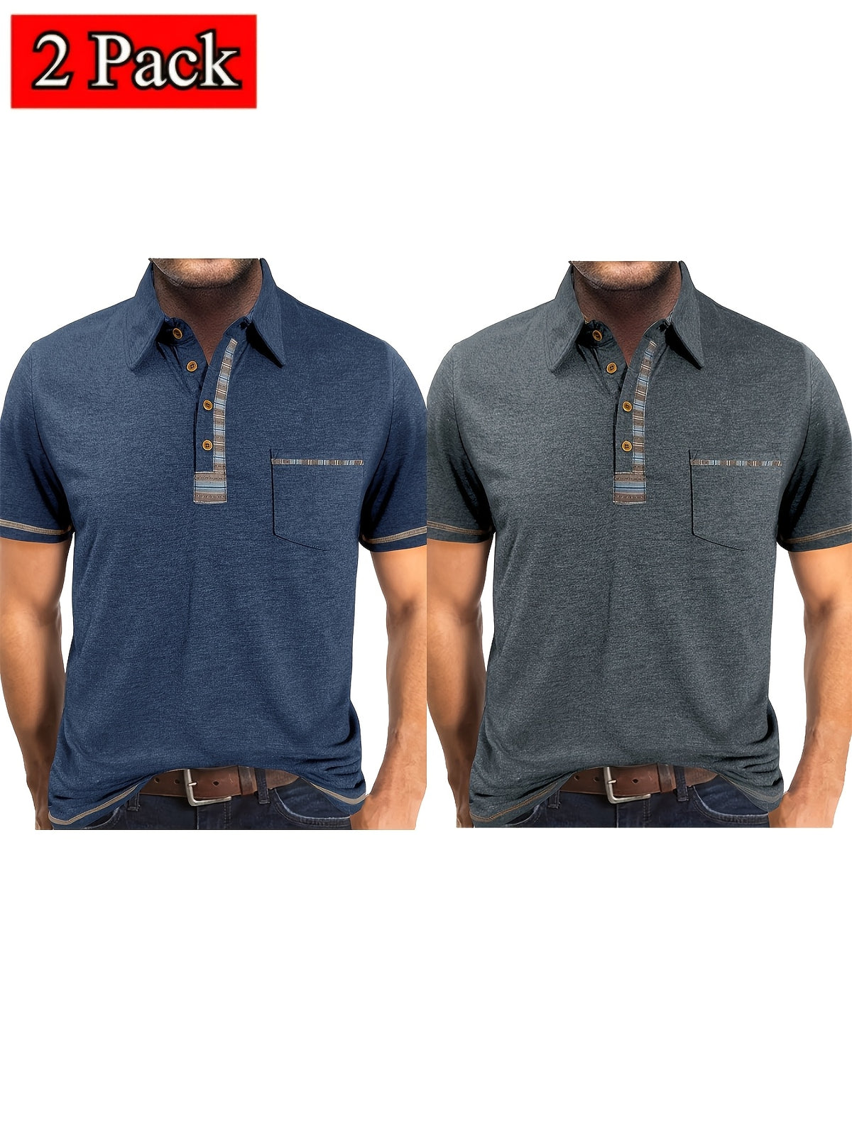 Set of 2 Men'S Short-Sleeve Polo Shirts, Casual Vintage Collared Pocket Tees, Henley Shirts - Navy Blue+Dark Grey