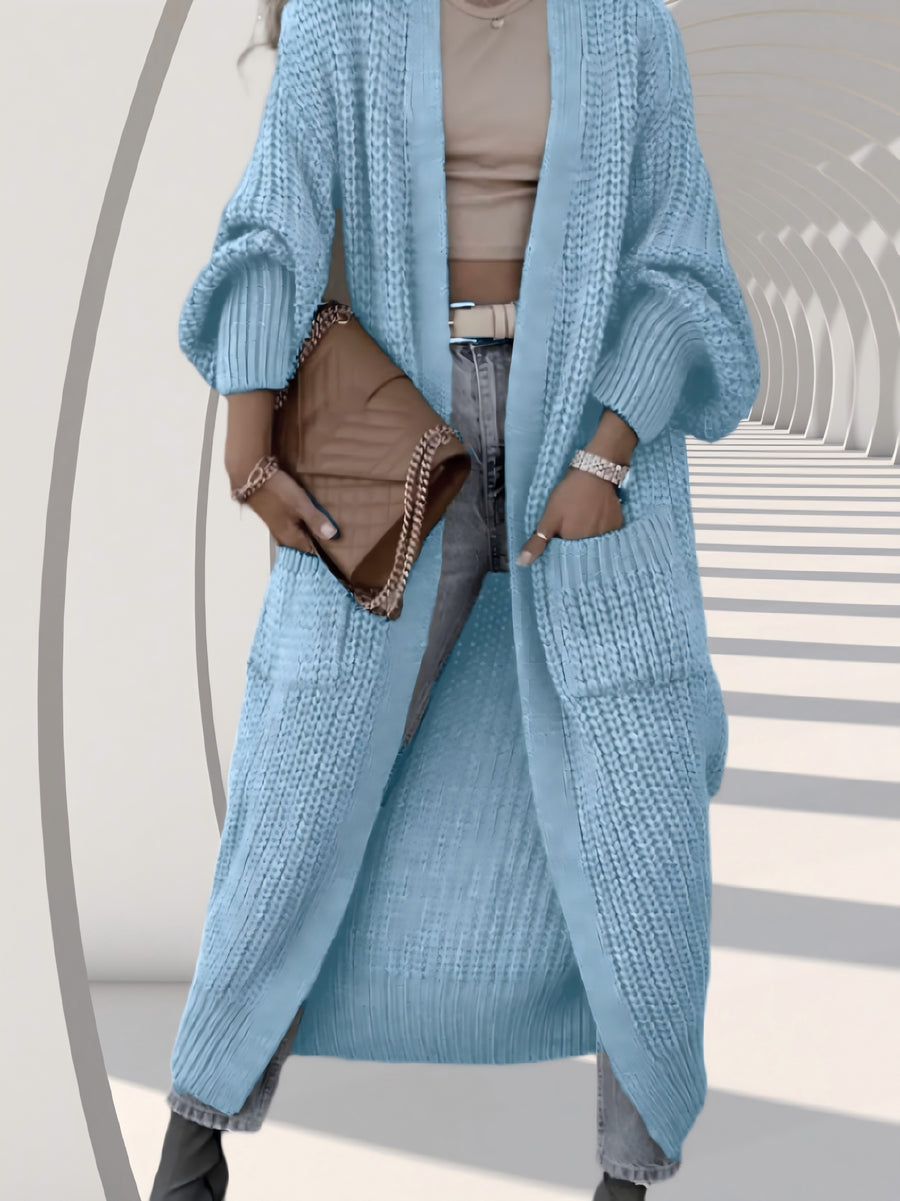 High-quality Fashionable and Simple Women's Cardigan, Pocket Sweater, Autumn/winter Casual Long-length Sweater, Winter Top Coat - Light Blue Color