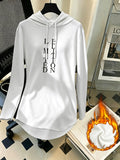 Women's Mid-Length Hooded Sweatshirt, Loose Fit, Hip-Covering, Letter Print, Drawstring Pullover Top - White