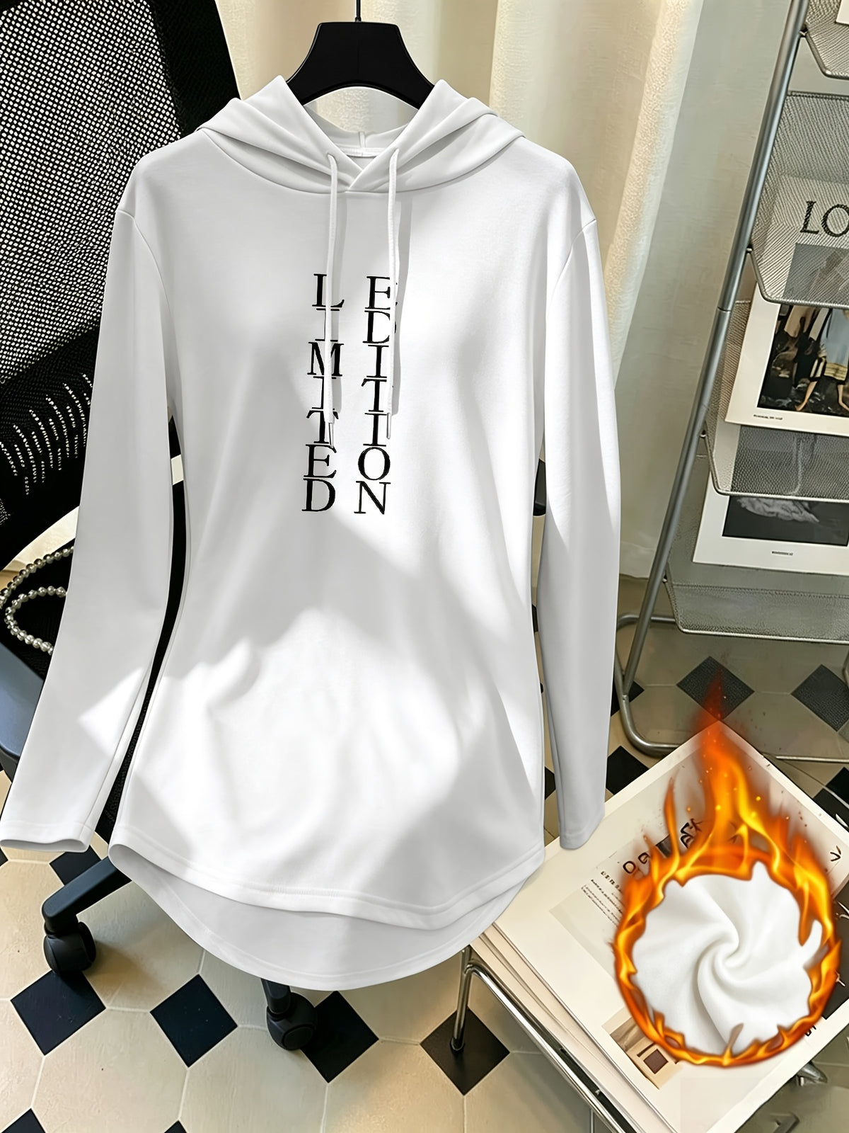 Women's Mid-Length Hooded Sweatshirt, Loose Fit, Hip-Covering, Letter Print, Drawstring Pullover Top - White