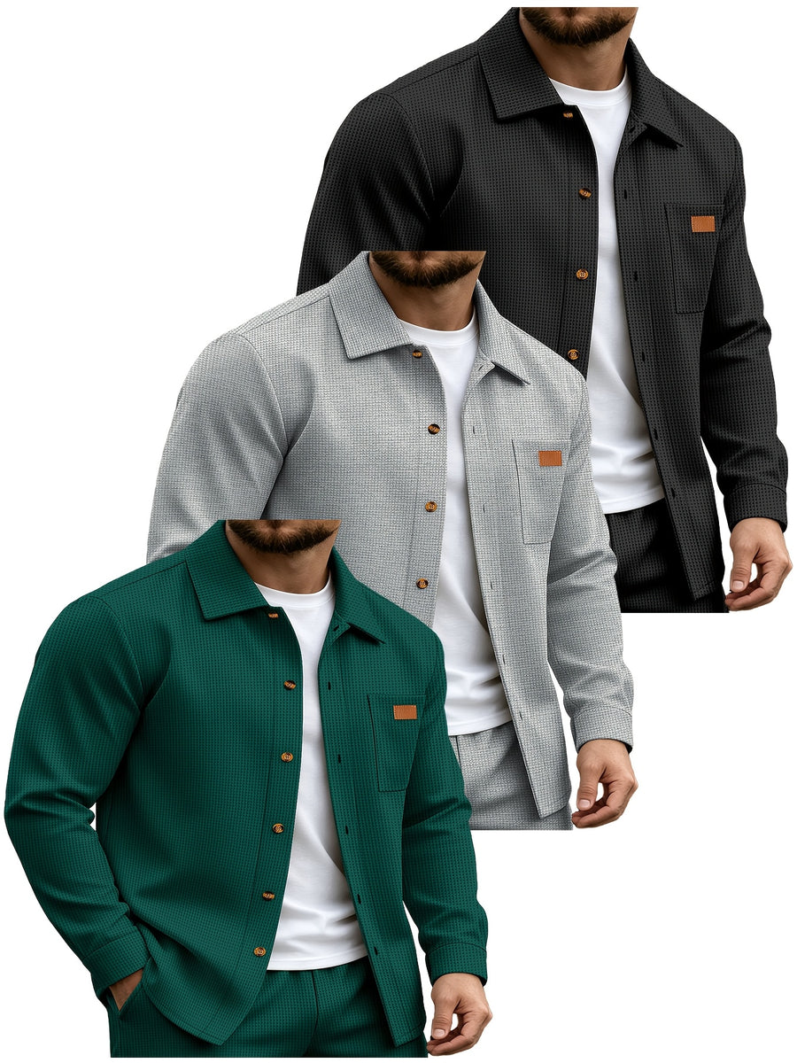 Men'S 3pcs Long Sleeve Shirt Set, Contrast Collar Faux Pocket Pullover Top, Casual Slim Fit Spring Autumn Daily Wear Shirt, Men'S Multi-Piece Outdoor Business Casual Attire - Mixed Color 2