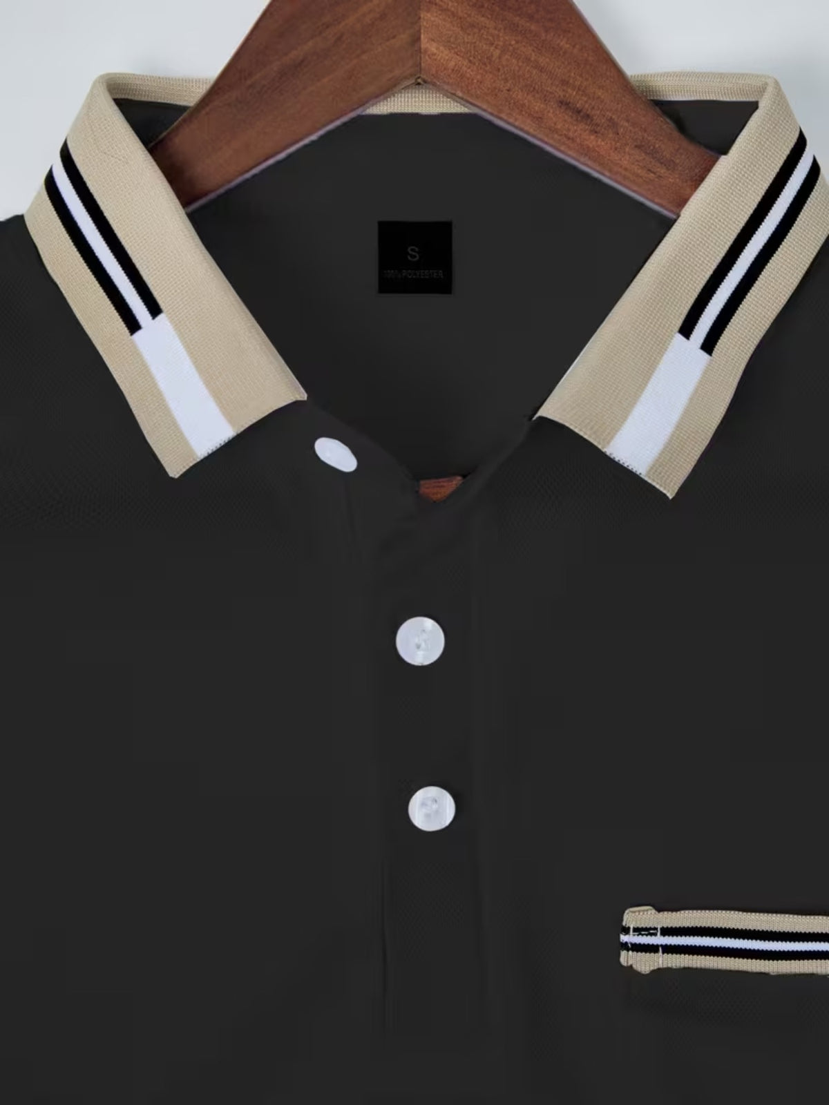Men'S Fashion Casual Polo Shirt Short Sleeve with Chest Pocket Striped Collar Cuff Design Trendy Street Style for Adults Men Daily Wear - Black