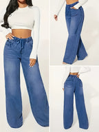 Elastic-Waist Denim Wide-Leg Pants - Dark Blue