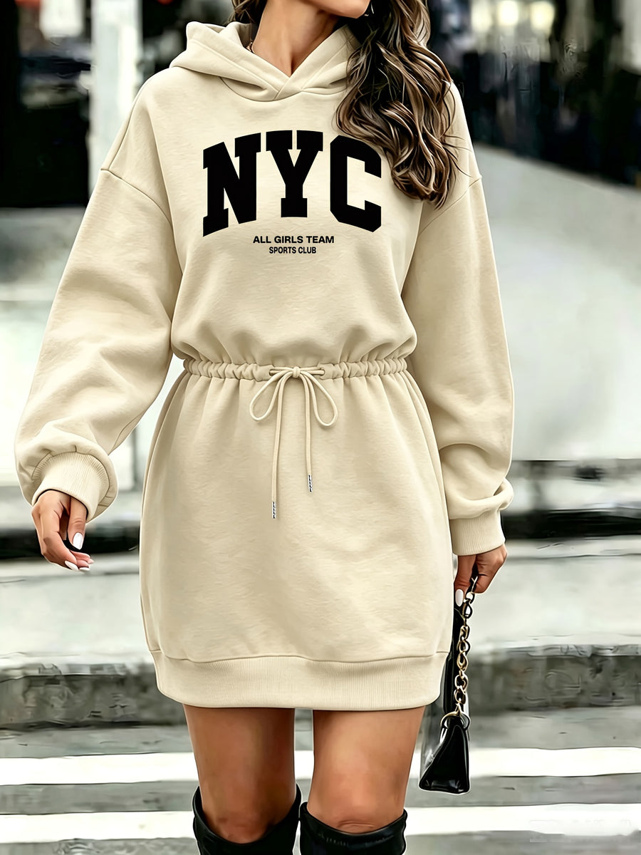 Women'S Tummy Control Drawstring Letter NYC Print Hooded Sweatshirt - Apricot