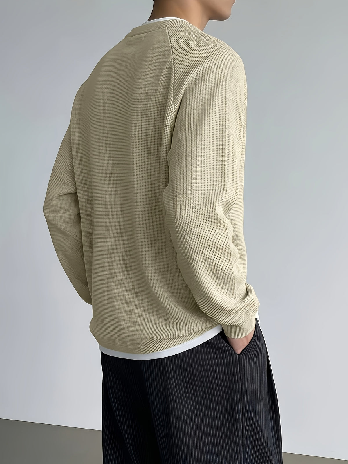 Men's Minimalist Korean Henley Collar Long Sleeve Top Waffle Knit Breathable Raglan Sleeve Casual Sweatshirt for Spring Autumn Daily Commute Layering Wear - Apricot