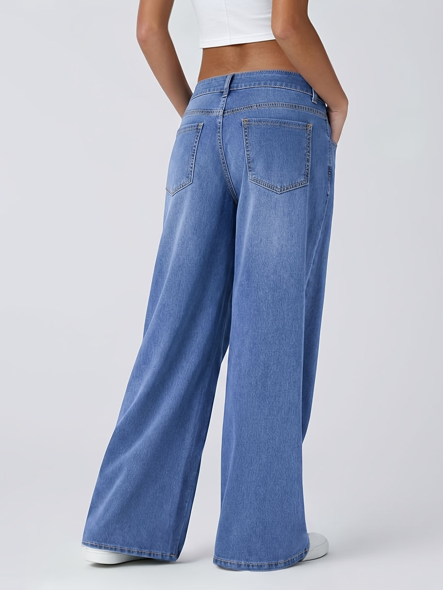 GILIPUR Y2K Women'S Solid Denim Cross Over Low Rise Baggy Wide Leg Jeans, Soft Stretchy Loose Floor Length Denim Pants with Functional Pockets, Casual Streetwear Daily Commute Vacation Outfits for Women Tchic - Medium Blue