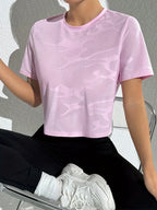 Women's Elegant Back Cut-Out Short Sleeve T-Shirt - Mesh Panel & Cross-Over Hem Design, Breathable Round Neck Top for, Casual Wear & Spring/Summer Outfits - Pink