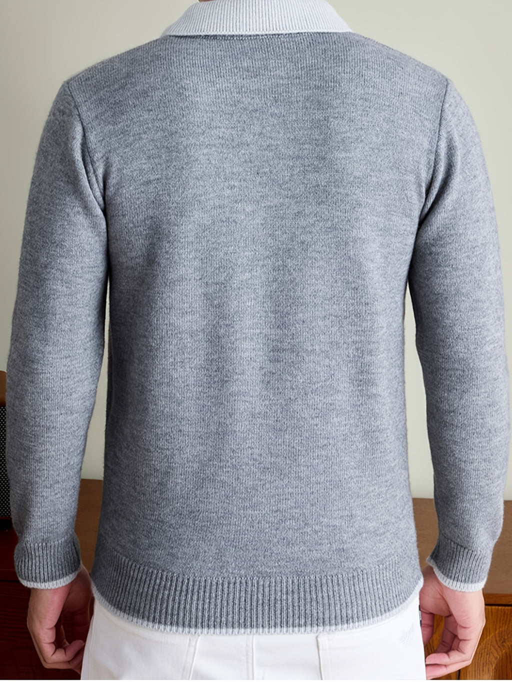 Men'S Thickened V-Neck Pullover Long Sleeve Faux Vest Knit Sweater, Autumn/Winter Style, Light Mature Business Casual - 【Light Grey】