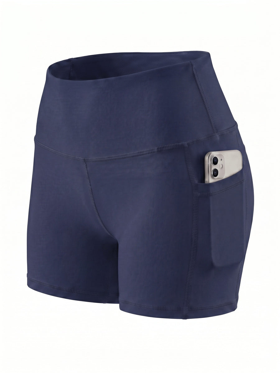 Summer Fashion Women's High-Waist 3-Inch Shorts with Pockets, Moisture-Wicking Summer Style - Anti-See-Through, Tummy Control, Non-Slip Waistband - Navy Color