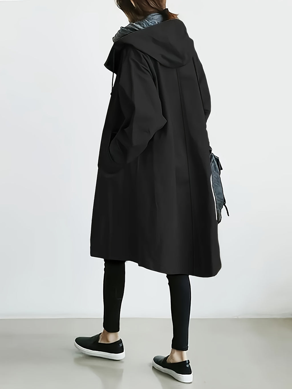 Solid Color Stylish Casual Loose Hooded Jacket with Lining - Black