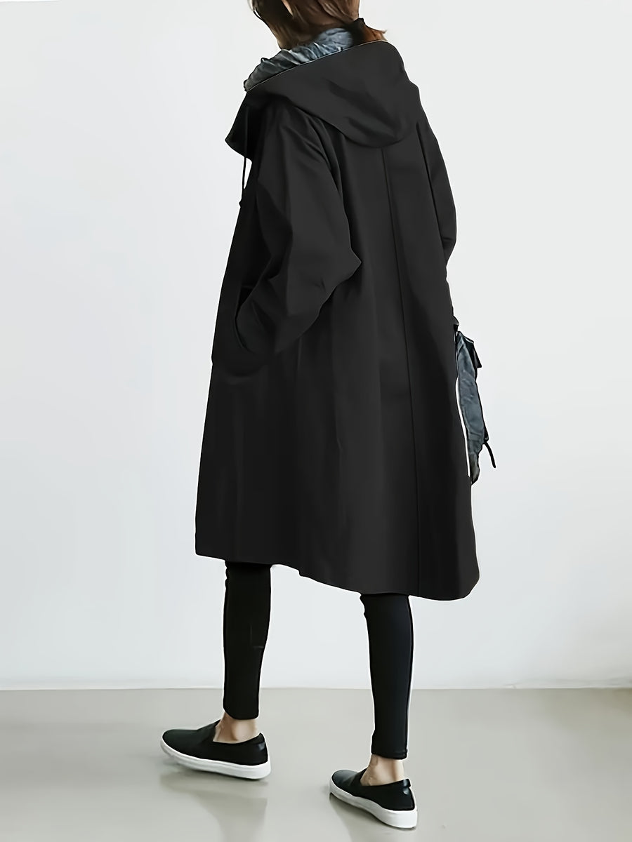 Solid Color Stylish Casual Loose Hooded Jacket with Lining - Black