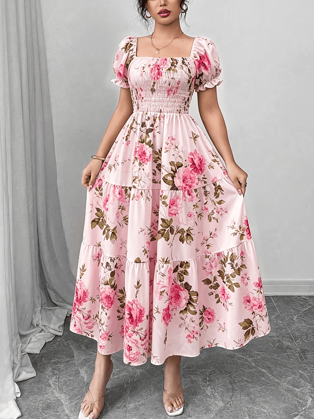 Fashionable Temperament Elegant Mid-Length Floral Print Wrap Dress Women'S 906 - Multicolor