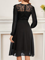 Women's Wedding Bridesmaid Dress, Chiffon Sequin Lace Long Sleeve Midi Cocktail Dress - Black