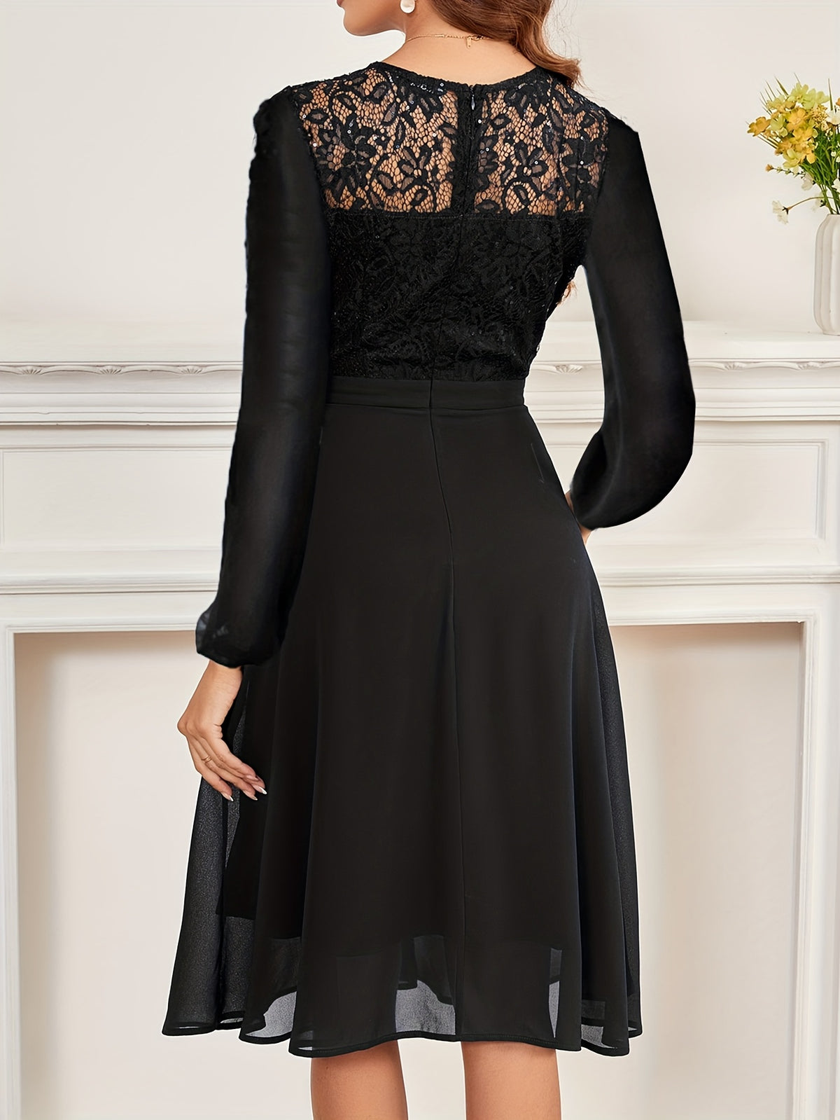 Women's Wedding Bridesmaid Dress, Chiffon Sequin Lace Long Sleeve Midi Cocktail Dress - Black