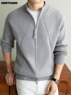 Men's Heavyweight Thick Zip Neck Stand Collar Knit Cardigan, Warm Casual Layering Top for Fall and Winter - Light Grey