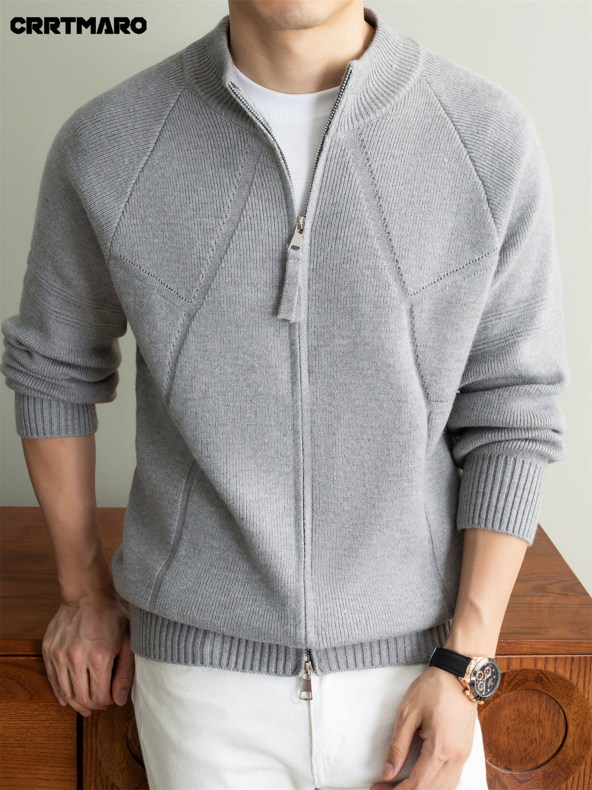 Men's Heavyweight Thick Zip Neck Stand Collar Knit Cardigan, Warm Casual Layering Top for Fall and Winter - Light Grey
