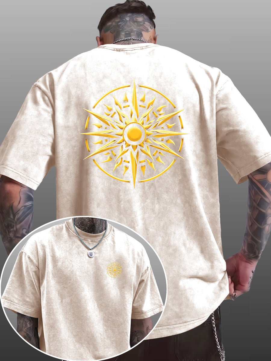 Men's Short-Sleeve T-Shirt, Pure Cotton Loose Fit Washed Distressed Top, Golden Compass Sun Pattern Trendy Reversible Double-Sided Print, Multiple Colors for  Mix & Match, American Streetwear High Street Hip-Hop Style, for Daily Outings - Apricot