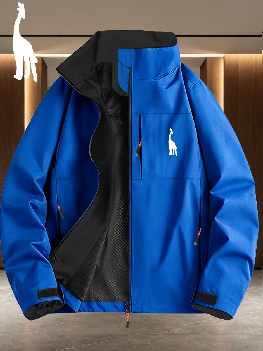Giraffe Silhouette Navy Lining White Full-Zip Stand Collar Windproof Jacket, Men Women Spring Autumn Multi-Pocket Fresh Casual Outdoor Fleece Coat - Royal Blue