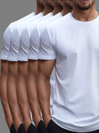 5pcs Set of Men'S T-Shirts, Fashionable Summer Short Sleeve Tops, Casual Athletic Round Neck, Solid Color Comfortable Versatile Outdoor Men'S Wear - White
