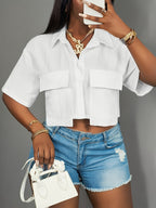 New Women'S Casual Street Pocket Short-Sleeved Shirt Loose Short White Drop Shoulder Shirt Women'S Shirt, Spring/Summer, Casual Daily Wear, Music Festival - White