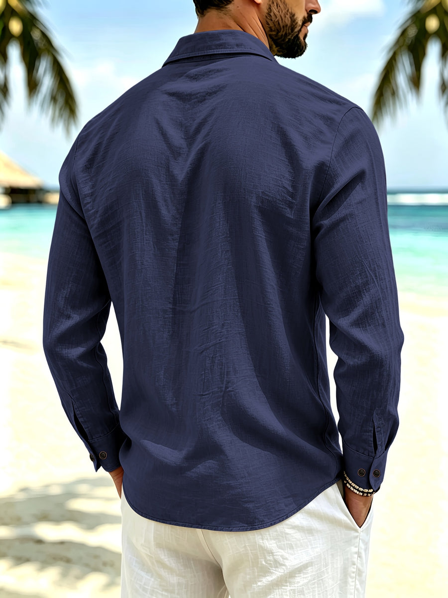 Spring/Autumn Men'S Henley Shirt Linen Long Sleeve, Comfortable And Breathable Fabric, Suitable for Daily Outings, Outdoor Sports, Travel, And Vacation, Lightweight And Breathable Regular Fit with Chest Pocket And Buttoned Cuffs, Ideal for Beach - Navy Color