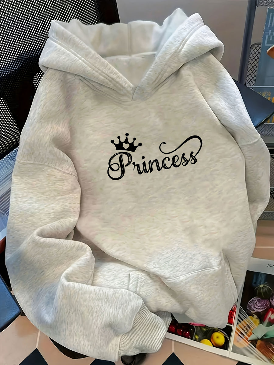 D92-1pc Loose Hooded Sweatshirt, Fashionable Versatile Princess Crown Pattern Printed Hooded Sweatshirt, Spring And Autumn, Women'S Size L15172 - White Flower Gray