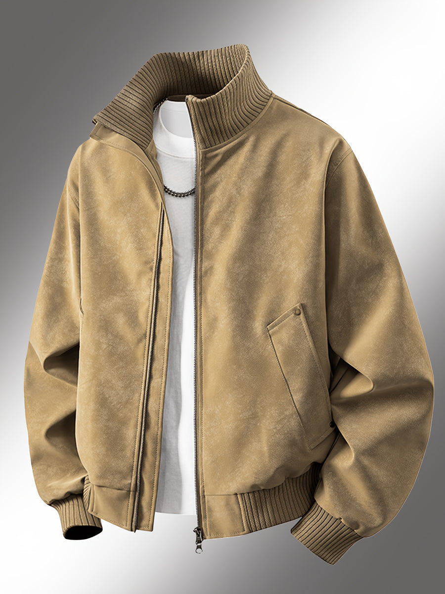 Men's Vintage Jacket, High Collar Ribbed Zipper American Casual Distressed Short Men's Jacket, Suitable for Daily Work Wear. - Khaki