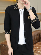 [Wading Whale OBM] Spring/Autumn New Men'S Knit Cardigan, Old Money Style Contrast Lapel Pocket Button-Front Cardigan Men'S Business Casual Fashion Button-Front Knit Top, Collar Design with Embroidered Logo Suitable for Spring, Autumn - Black